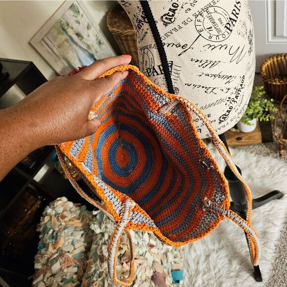 Orange & Grey Crochet Tote Bag by Kat. Man.Doo – Made in Nepal – Cotton – Small - Picture 7 of 14